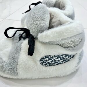 Plush White & Light Gray Fuzzy Slippers with Lace-Up Detail